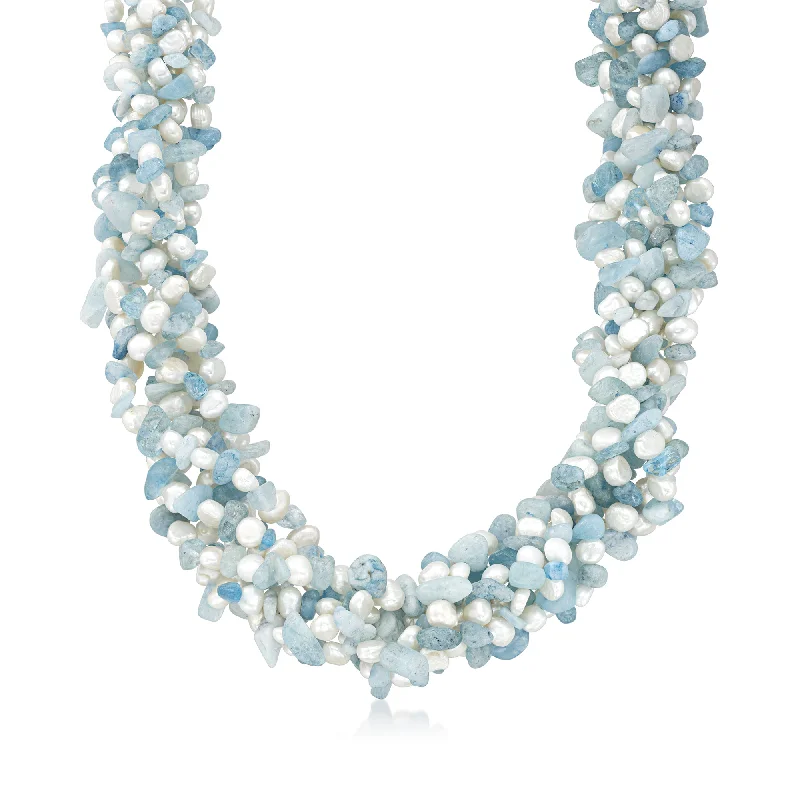 Bead-wrapped necklaces-Ross-Simons Aquamarine Bead and 5-6mm Cultured Pearl Torsade Necklace With Sterling Silver