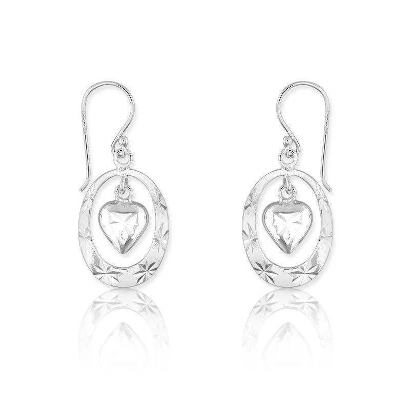 Stacked drop earrings-Sterling Silver Open Oval with Center Dangling Heart Earrings