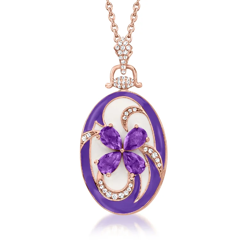 Timeless style necklaces-Ross-Simons Amethyst and . White Zircon Flower Locket Pendant Necklace With Multicolored Enamel in 18kt Rose Gold Over Sterling