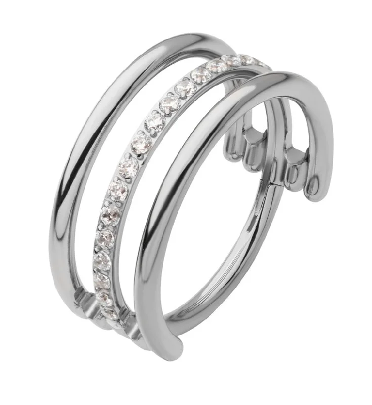 Timeless lock rings-Triple Interval CZ Row Titanium Hinged Segment Ring