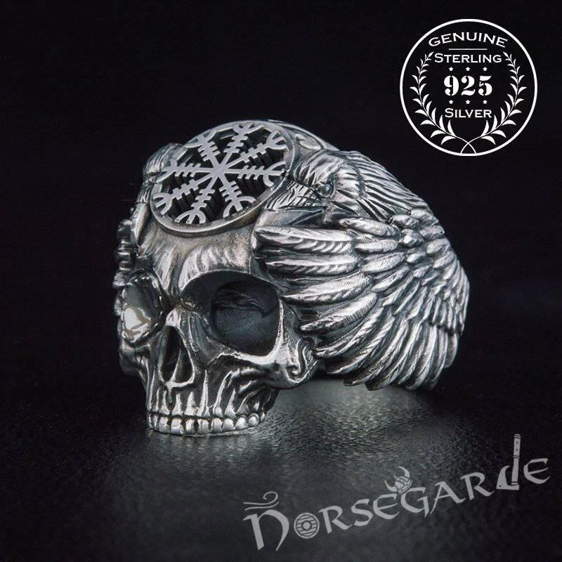 Baked clay rings-Handcrafted Helm of Awe Skull and Ravens Ring - Sterling Silver