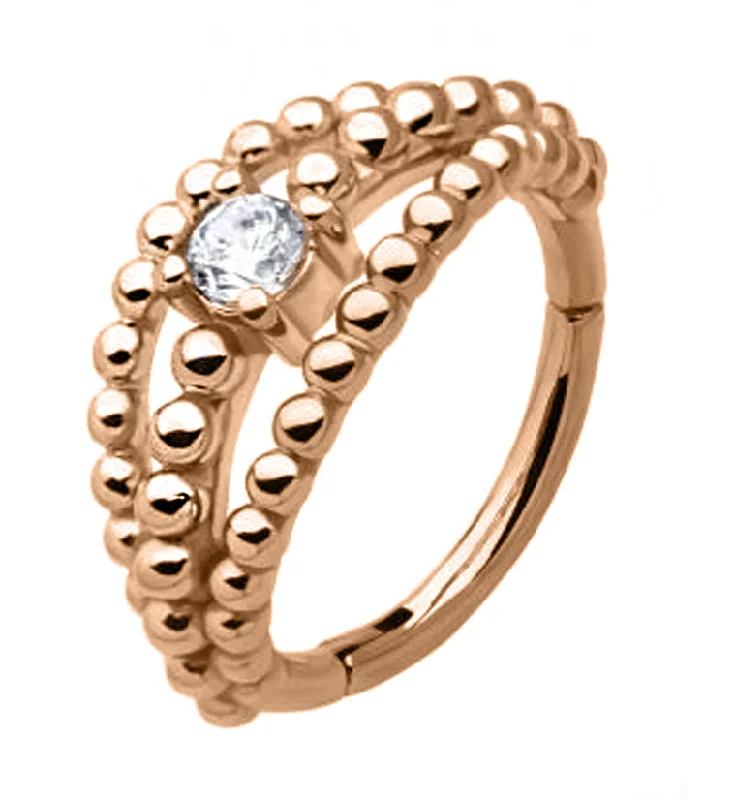 Kelp theme rings-Rose Gold PVD Triple Stacked Bead CZ Hinged Segment Ring