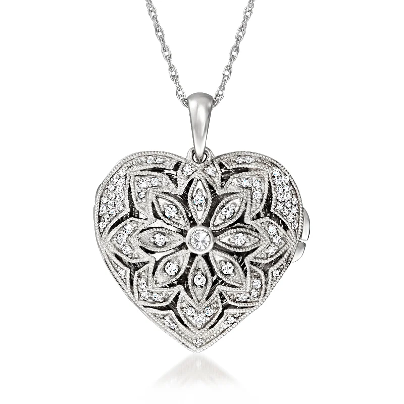 Mesh choker necklaces-Ross-Simons Diamond Floral Heart Locket Necklace in Sterling Silver