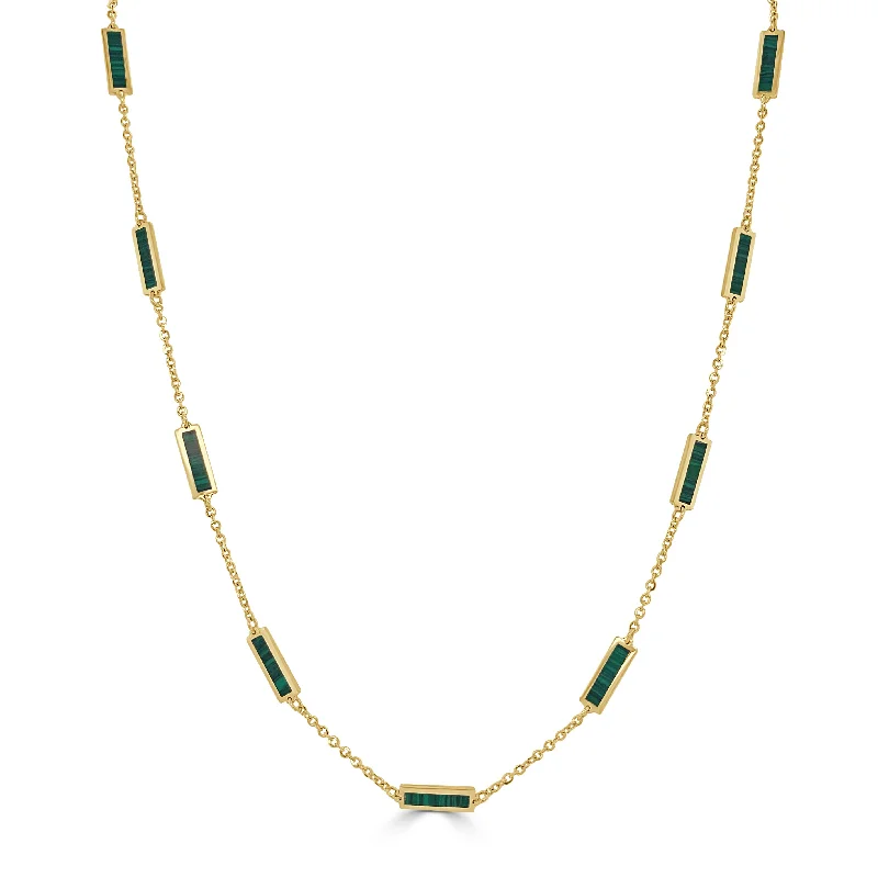 Zircon stone necklaces-14K Gold Station Bar Malachite Necklace adjustable 16-18"