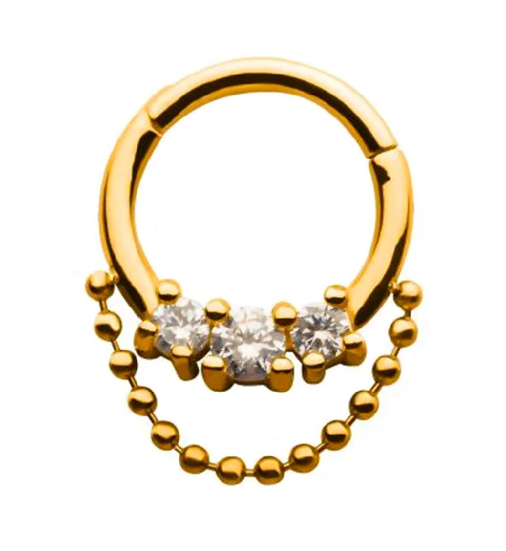 Solid stone rings-Gold PVD Triple Prong Set Clear CZ with Dangling Chain Hinged Segment Ring