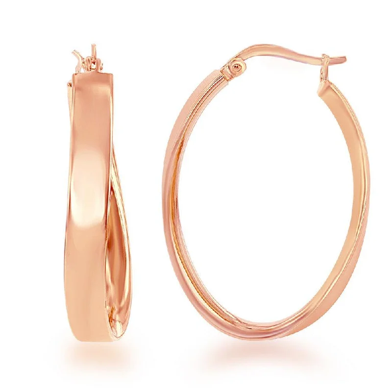 Bead-wrapped earrings-Sterling Silver Rose Gold Plated Curved Oval Hoop Earrings