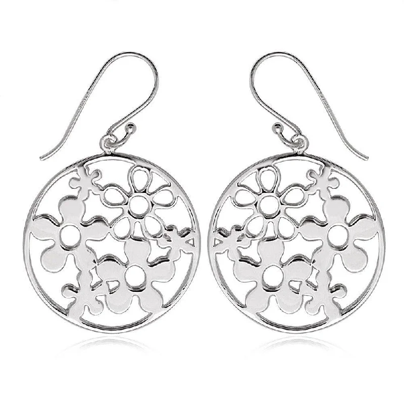 Flowing design earrings-Sterling Silver Open Circle with Multiple Flowers Earrings