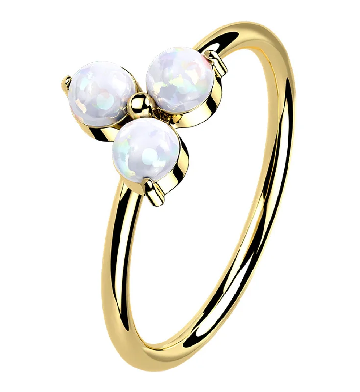 Petite pearl rings-14kt Gold Trinity Opalite Hoop Ring