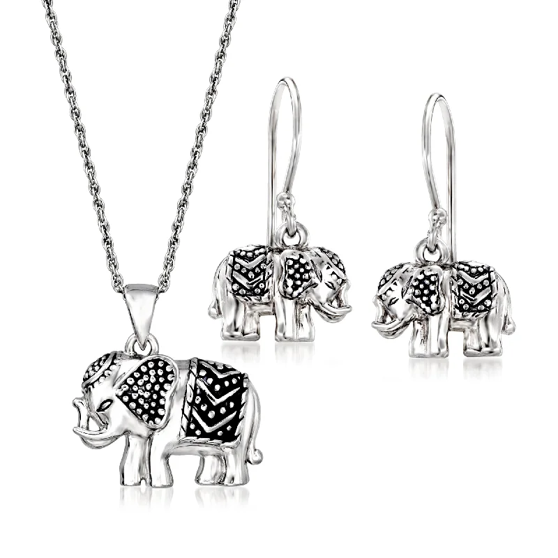 Circle shape necklaces-Ross-Simons Sterling Silver Elephant Jewelry Set: Drop Earrings and Pendant Necklace