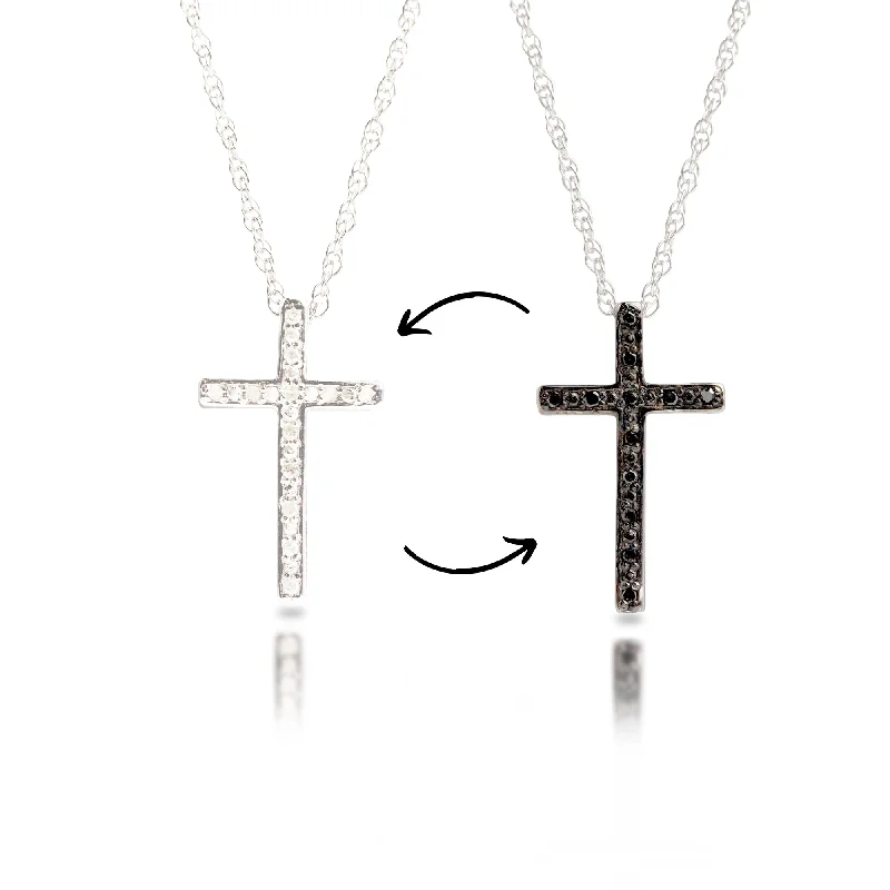 Rounded gem necklaces-Sterling Silver Diamond Reversible White & Black Diamond Cross Necklace with Adjustable 18” or 20” Rope Chain