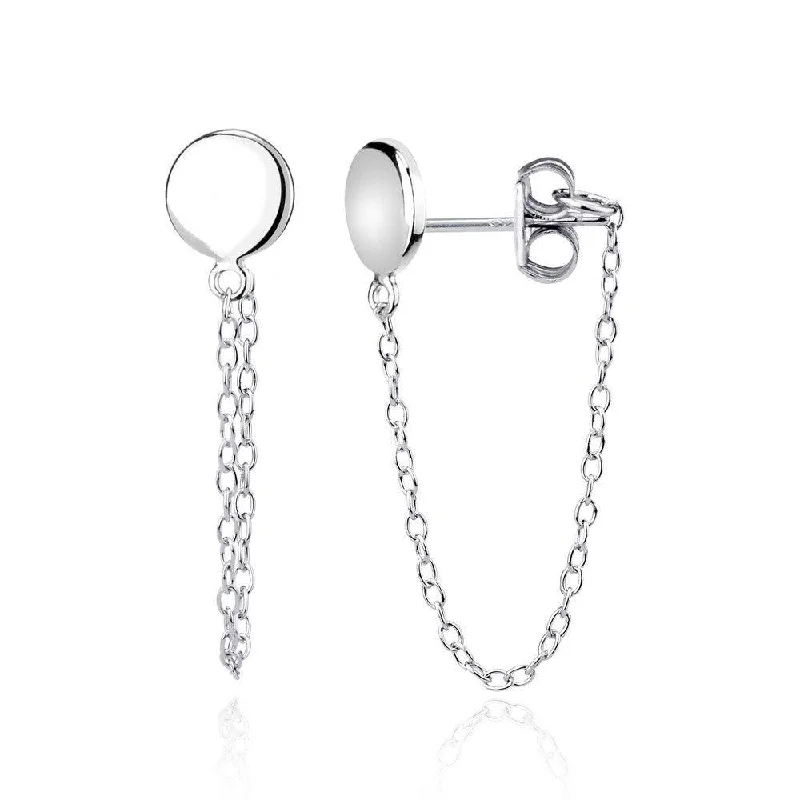 Lunar themed earrings-Sterling Silver Circle Stud with Looping Chain Earrings