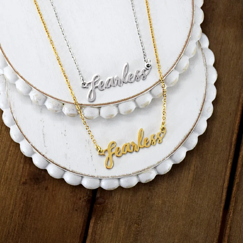 Crafted initial necklaces-Fearless Script or Word Necklace