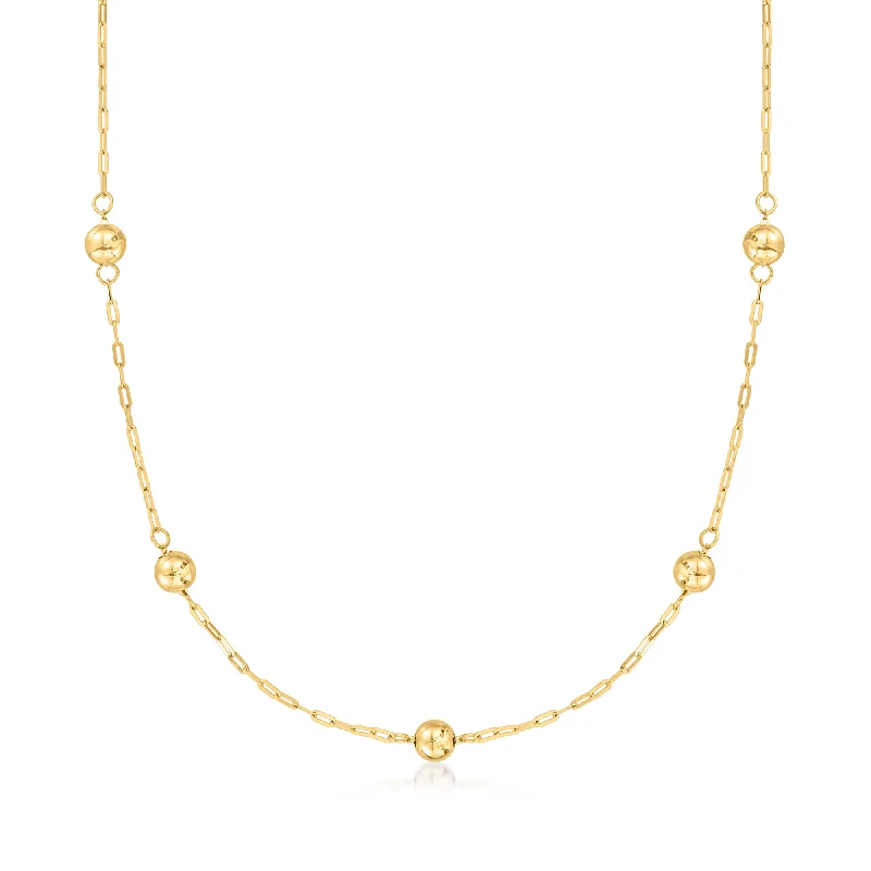 Corded link necklaces-Ross-Simons Italian 14kt Yellow Gold Station Bead and Paper Clip Link Necklace