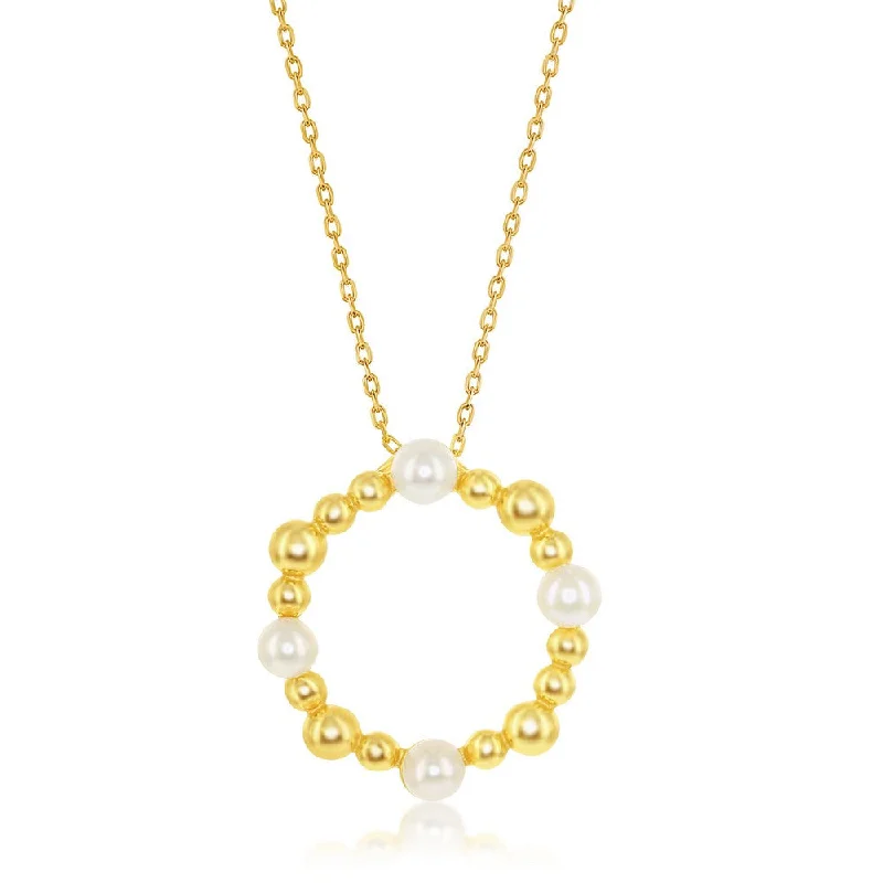 Woven knot necklaces-Sterling Silver Freshwater Pearl and Beaded Circle Necklace - Gold Plated