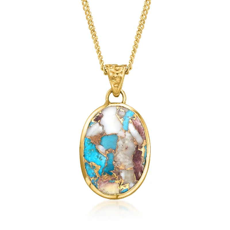 Rounded gem necklaces-Ross-Simons Oval Kingman Turquoise Pendant Necklace in 18kt Gold Over Sterling