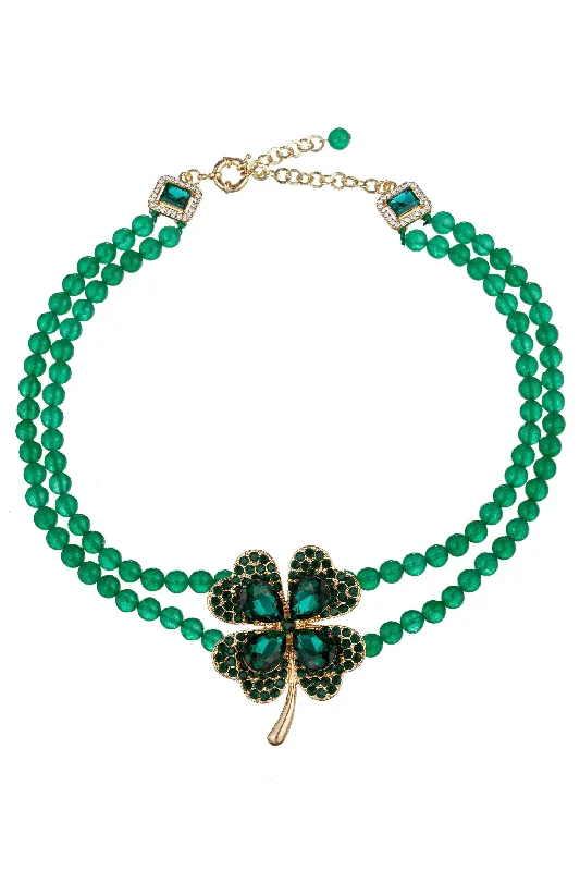 Angled bar necklaces-Green Clover Statement Beaded Necklace