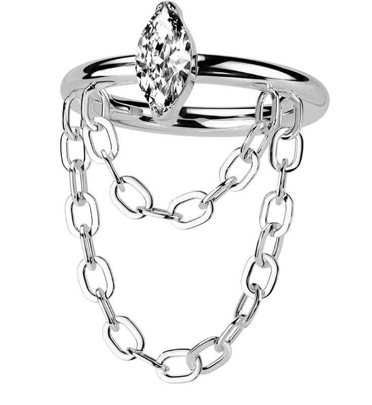 Bead-wrapped rings-Outward Marquise CZ Double Dangle Chain Stainless Steel Hinged Segment Ring