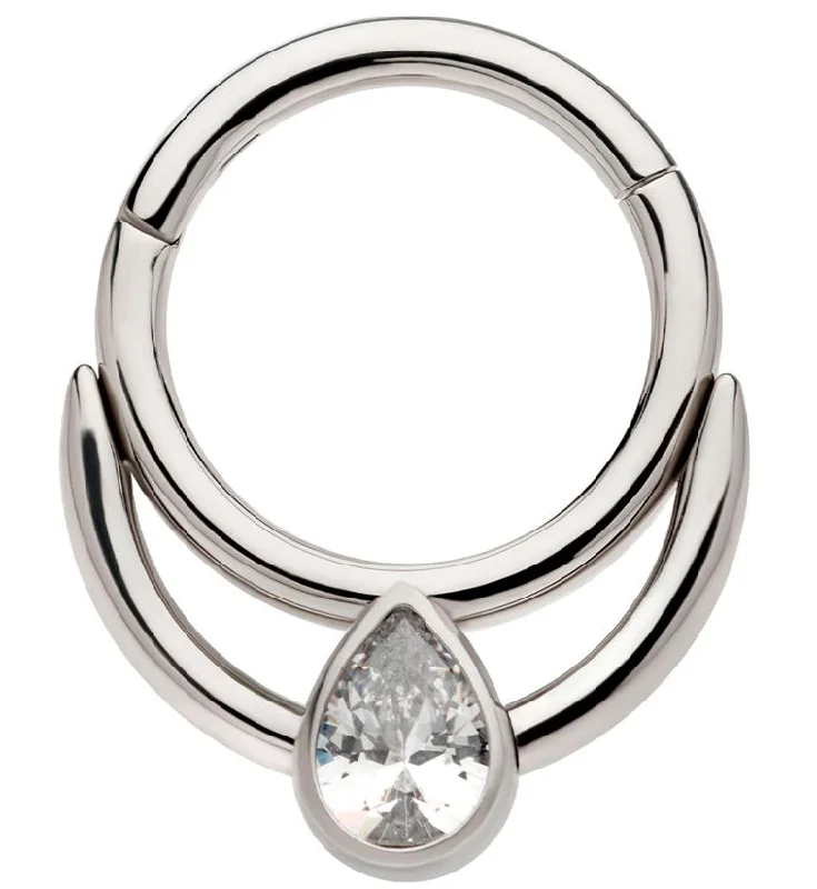 Delicate filigree rings-Double Hoop Teardrop Clear CZ Stainless Steel Hinged Segment Ring