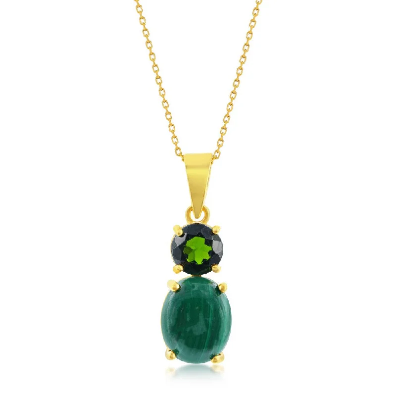 Aged silver necklaces-Sterling Silver Oval Malachite w/ Round Chrome Diopside Pendant - Gold Plated