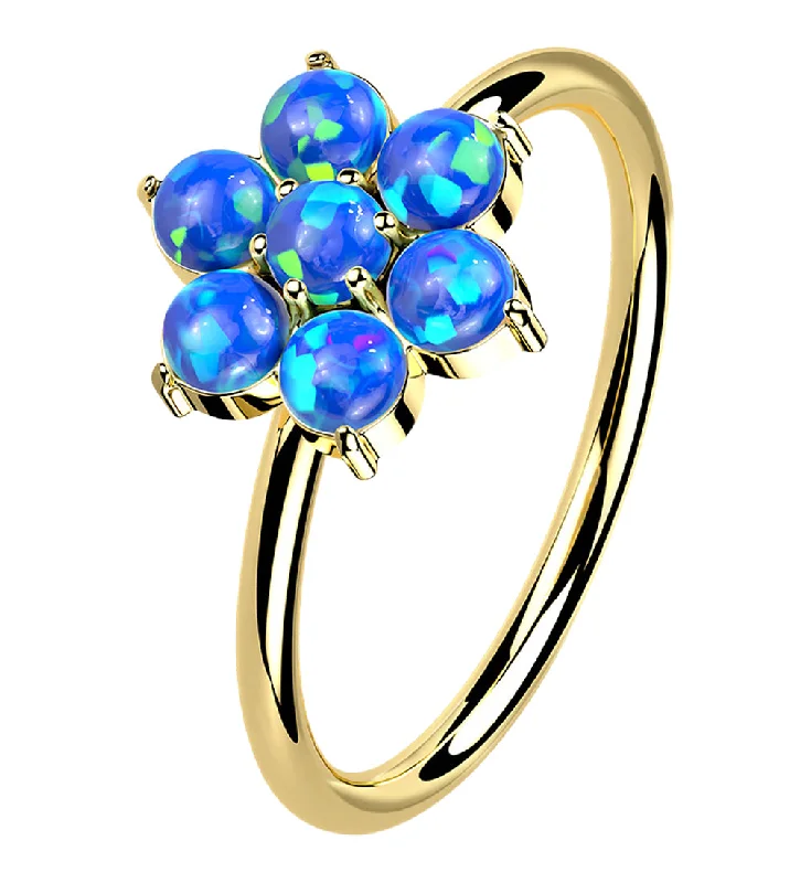 Apatite rings-14kt Gold Blue Opalite Flower Hoop Ring