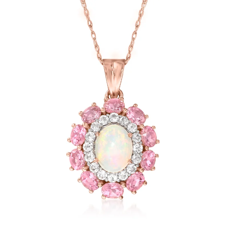 Baroque style necklaces-Ross-Simons Opal and Pink Tourmaline Pendant Necklace With White Topaz in 18kt Rose Gold Over Sterling