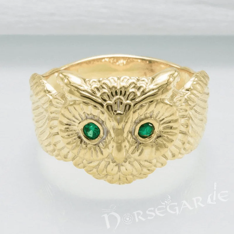 Amber solitaire rings-Handcrafted Gemmed Owl Ring - Gold with Emerald