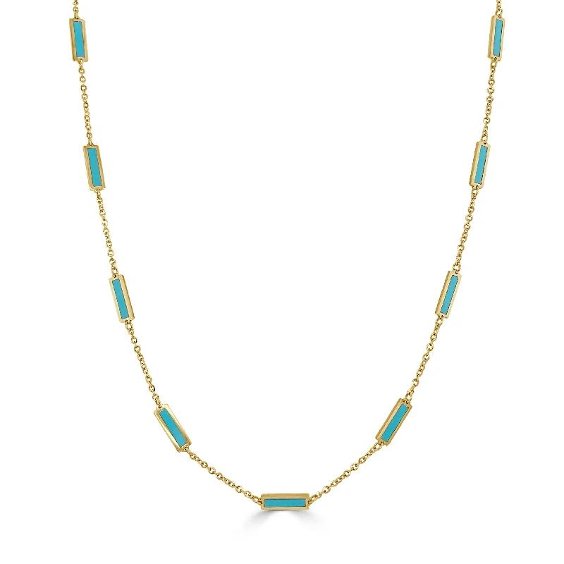 Heavy bib necklaces-14K Gold Station Bar Turquoise Necklace adjustable 16-18"