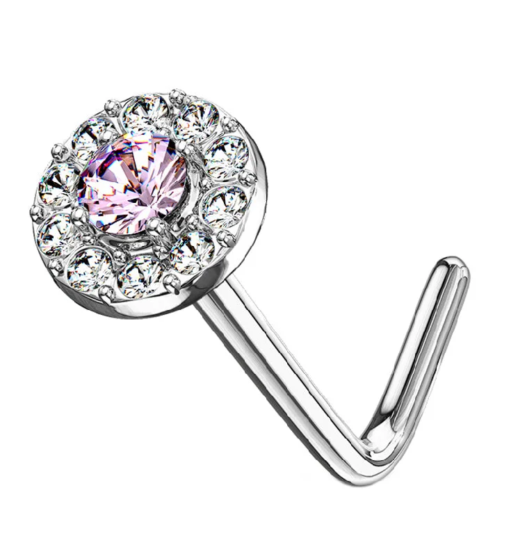 Tide style rings-14kt White Gold Disk w Pink CZ L Bend Nose Ring