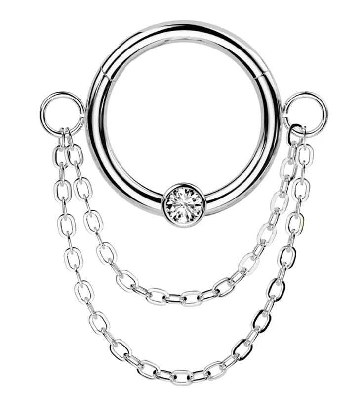 Solid geometric rings-Double Dangle Chain Clear CZ Stainless Steel Hinged Segment Ring