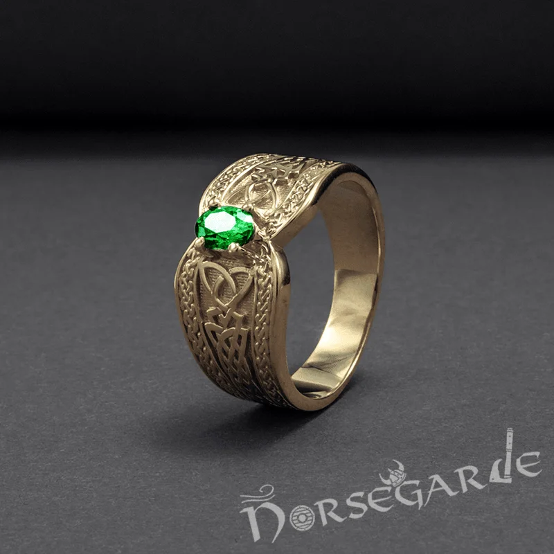 Glowing druzy rings-Handcrafted Celtic Treasure Ring - Gold with Emerald