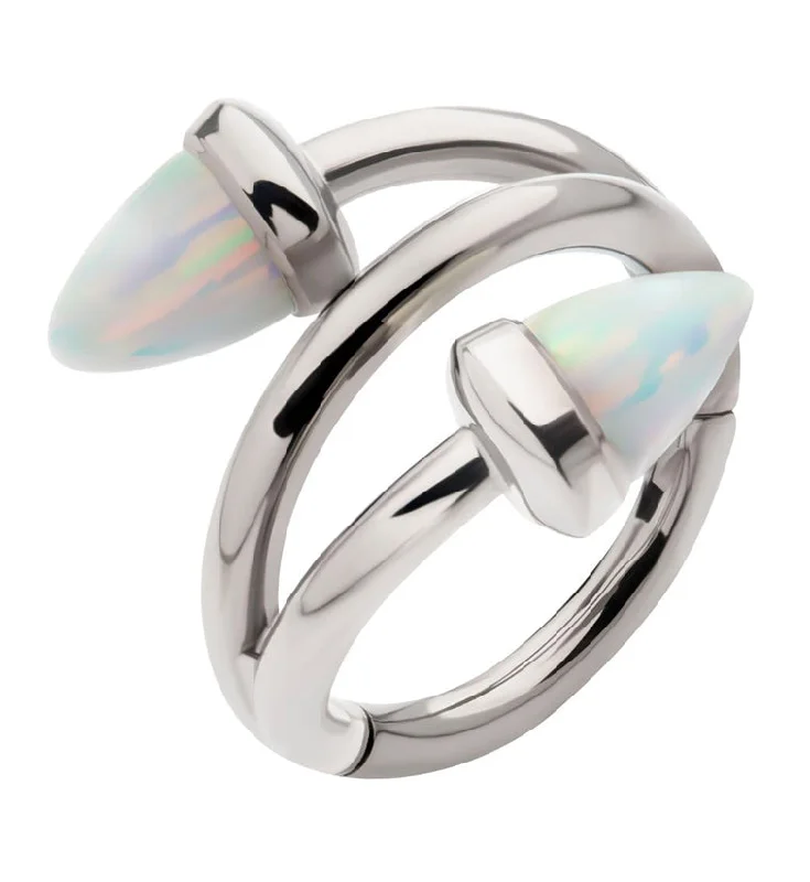 Pentagon shape rings-Wrap Double Spike White Opalite Titanium Hinged Segment Ring