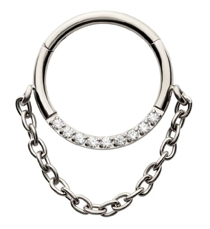 Thin stack rings-Pave Clear CZ Dangle Chain Stainless Steel Hinged Segment Ring