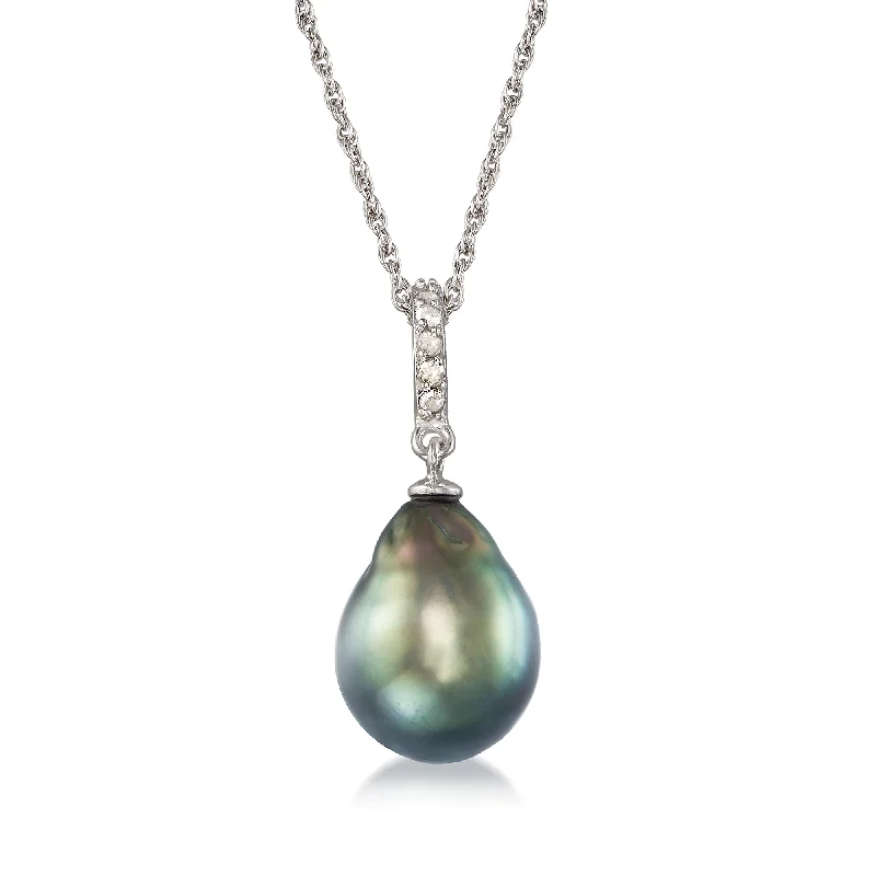 Delicate filigree necklaces-Ross-Simons 11-12mm Black Cultured Tahitian Pearl Pendant Necklace With . Diamond in Sterling Silver