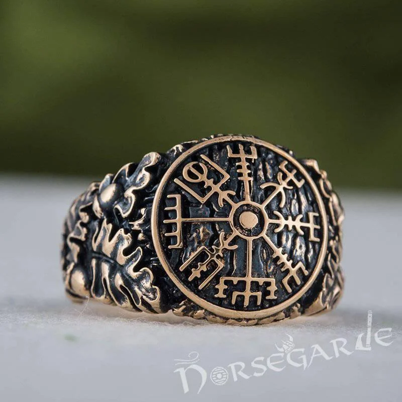 Smooth clasp rings-Handcrafted Vegvisir Rune Oak Leaves Ring - Bronze