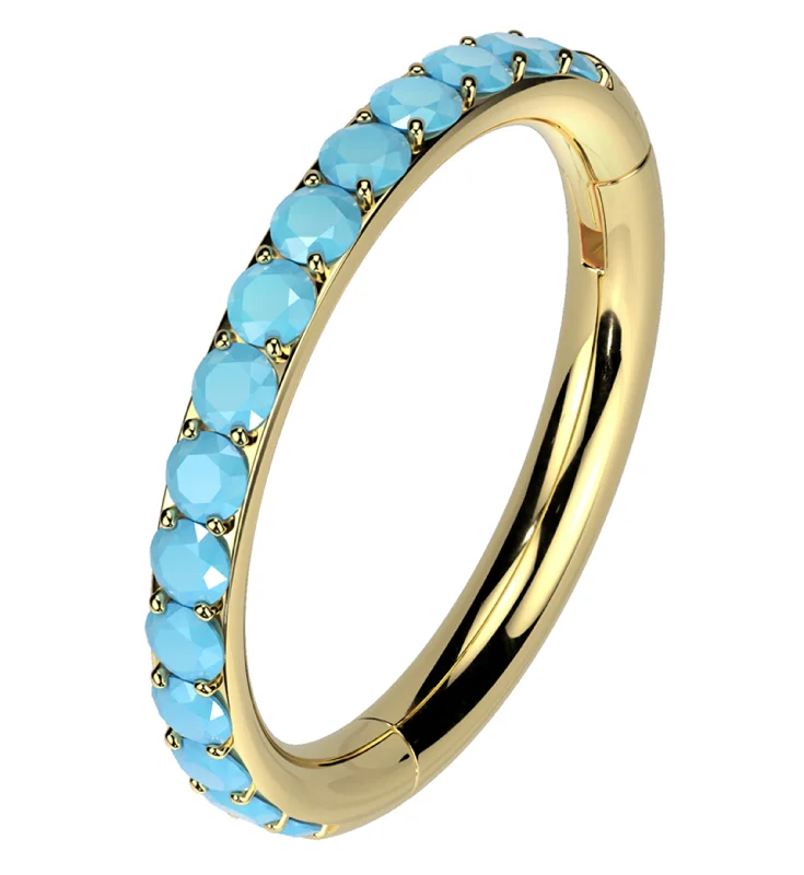 Solid stone rings-Gold PVD Side Facing Turquoise Row Titanium Hinged Segment Ring