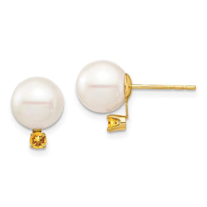 Orchid motif earrings-14K 8-8.5mm White Round Freshwater Cultured Pearl Citrine Post Earrings