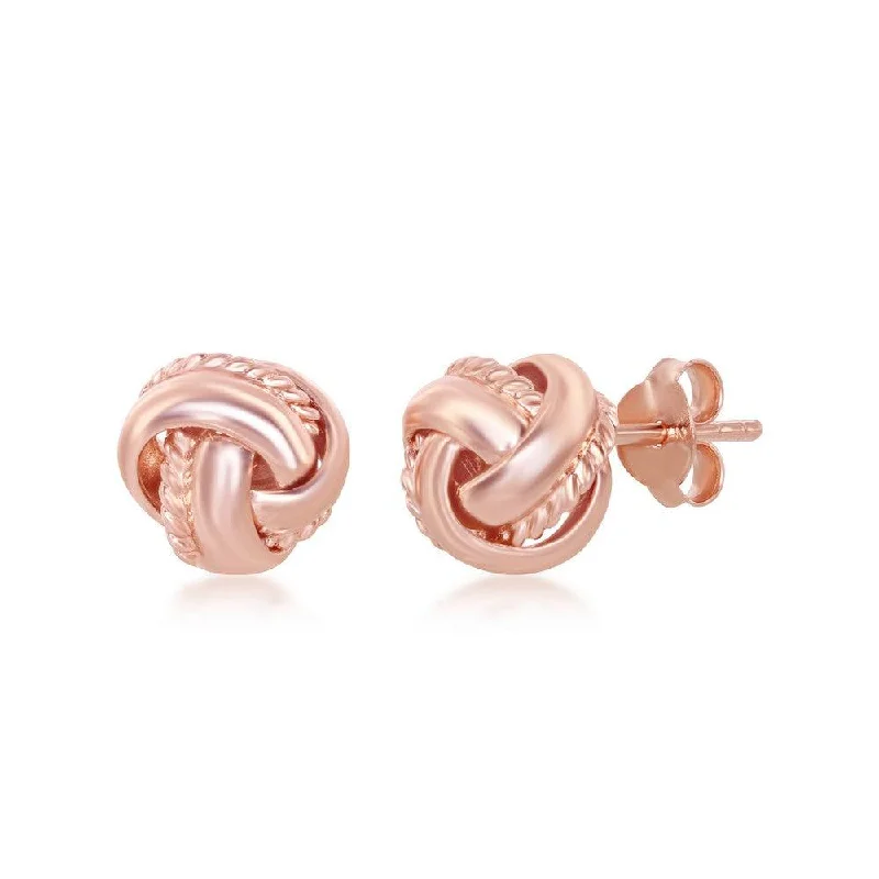 Flat relic earrings-Sterling Silver Rose GP Rope Border Love Knot Stud Earrings