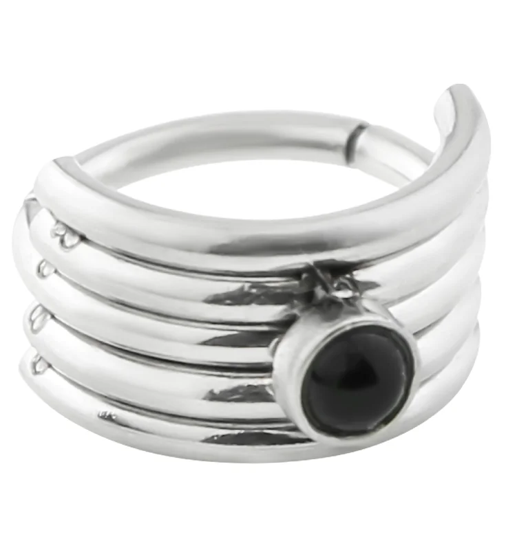 Coil loop rings-Black Onyx Stacked Stainless Steel Hinged Cuff Segment Ring