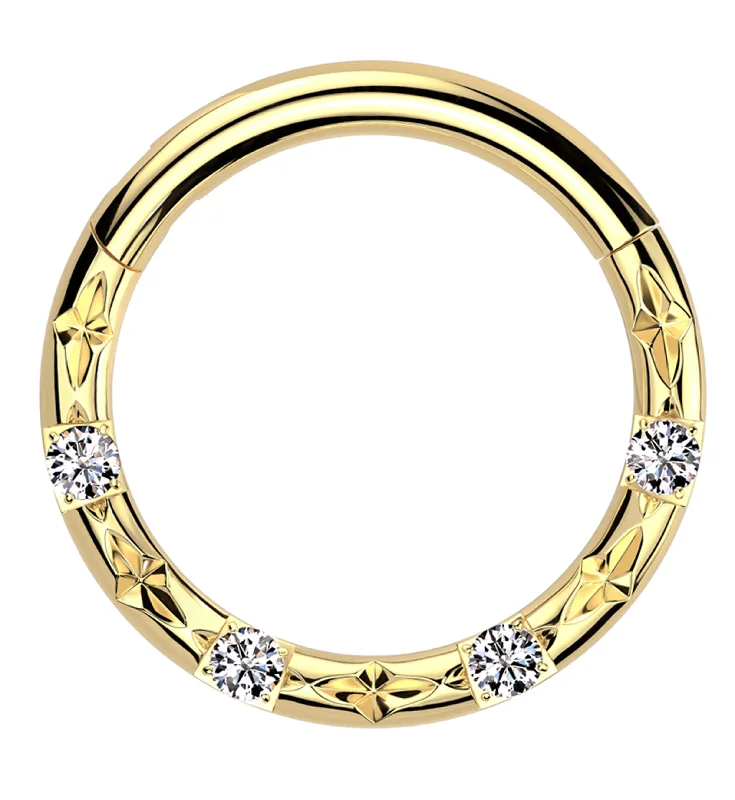 Sparkling diamond rings-Gold PVD Faceted Baguette Clear CZ Hinged Segment Ring