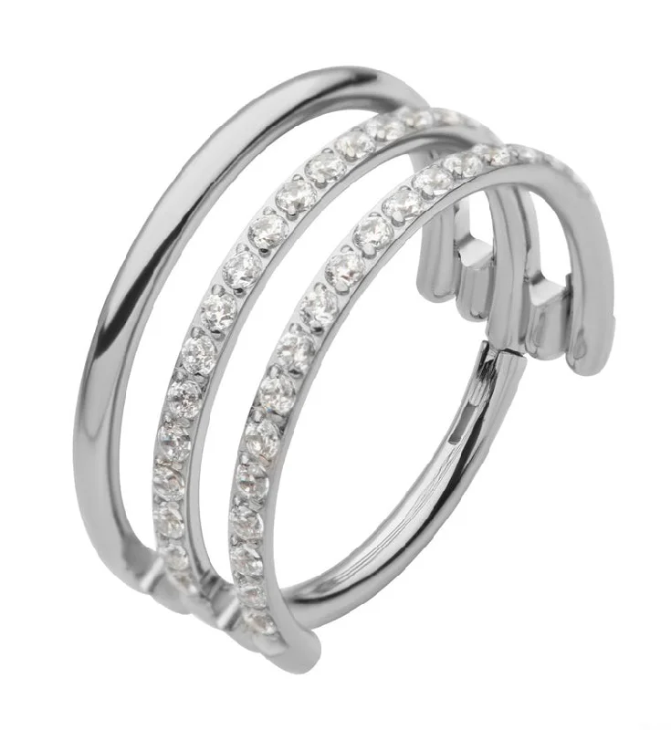 Kelp inlay rings-Triple Interval Double CZ Row Titanium Hinged Segment Ring