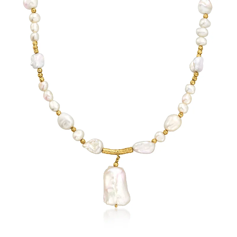 Sleek bar necklaces-Ross-Simons 5-14mm Cultured Baroque Pearl Drop Necklace in 18kt Gold Over Sterling