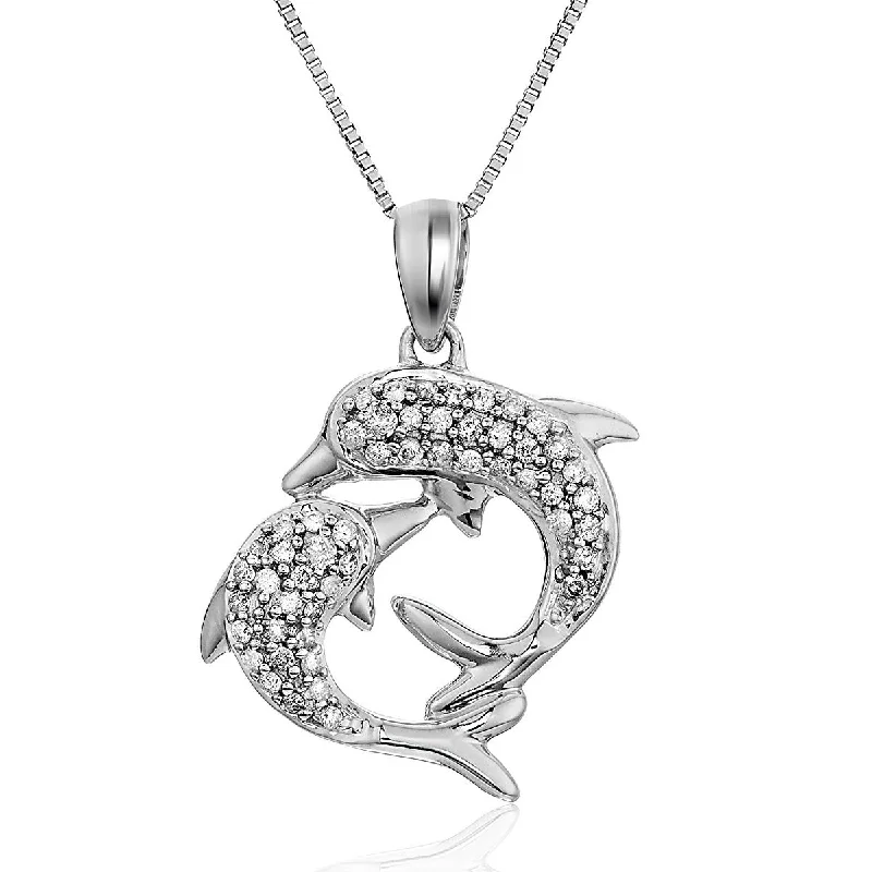 Thin twine necklaces-1/6 cttw Diamond Dolphin Pendant Necklace 14K White Gold with 18 Inch Chain