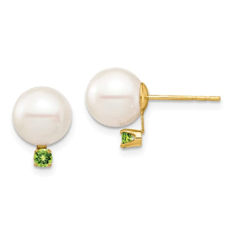 Tahitian pearl earrings-14K 8-8.5mm White Round Freshwater Cultured Pearl Peridot Post Earrings