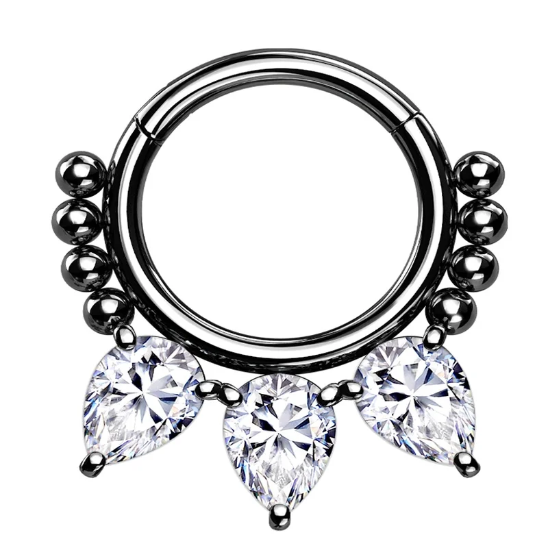 Faceted star rings-Black PVD Teardrop CZ Bead Hinged Segment Ring