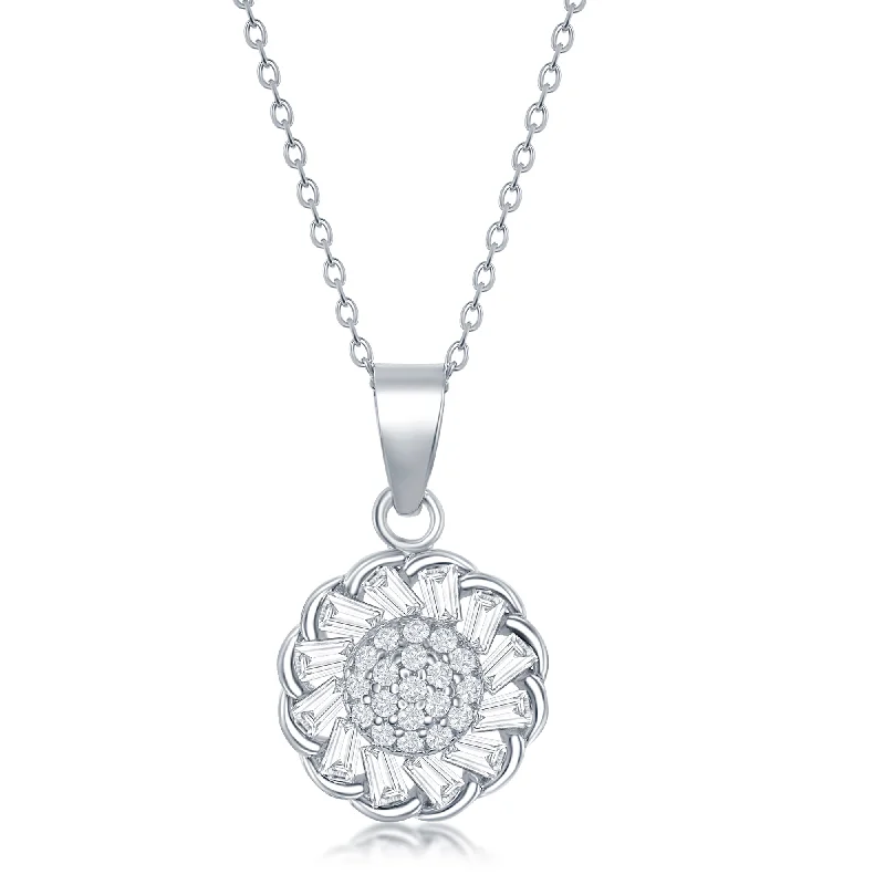 Heavy bib necklaces-Sterling Silver Micro Pave Center & Baguette CZ Border Flower Design Necklace