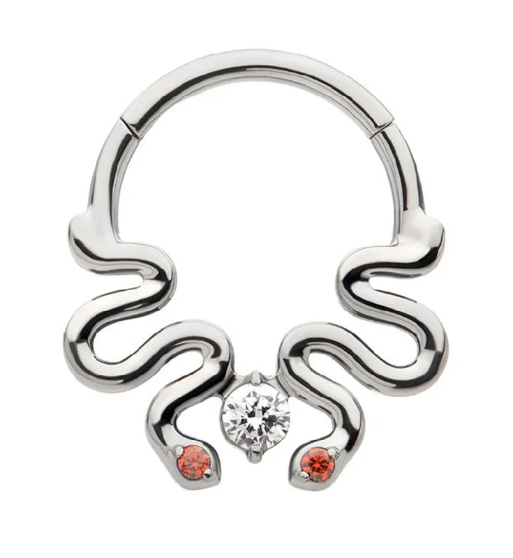 Thin rose rings-Double Curvy Snake Red CZ Eyes Hinged Segment Ring