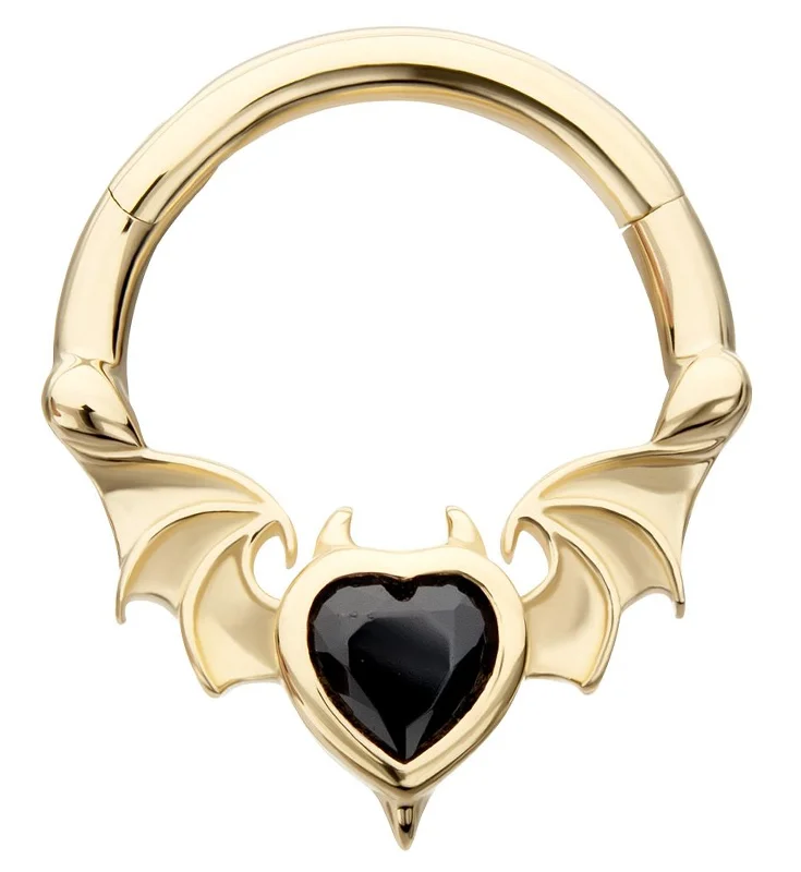 Slip knot rings-14kt Gold Devilish Bat Wings Black Heart CZ Hinged Segment Ring