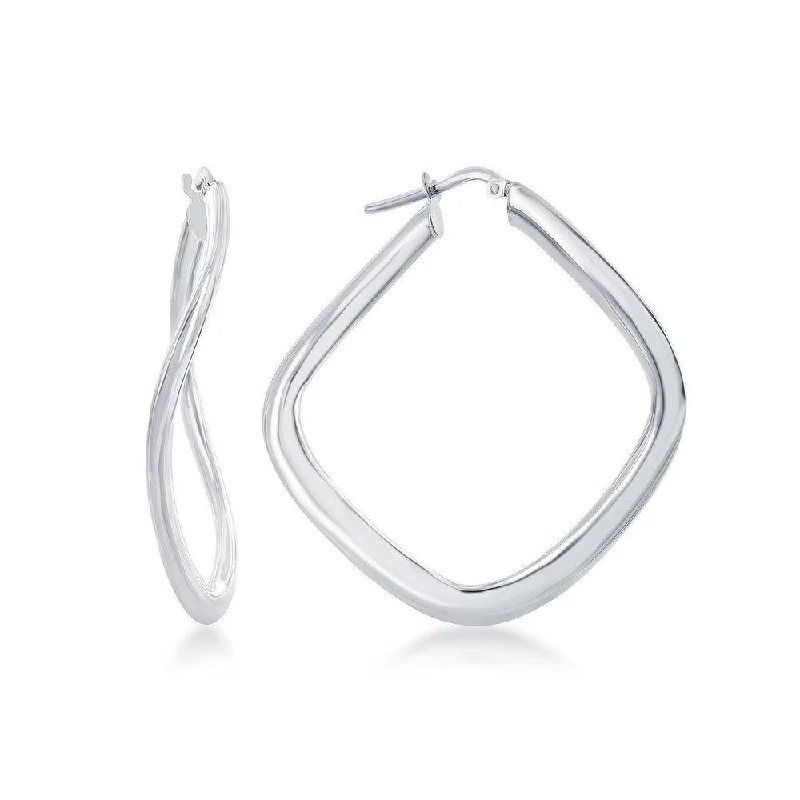 Chic cuff earrings-Sterling Silver Rhodium Plated Twisted Diamond-Shaped Earrings