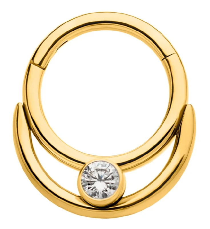 Opulent stone rings-Gold PVD Double Hoop Bezel Clear CZ Stainless Steel Hinged Segment Ring