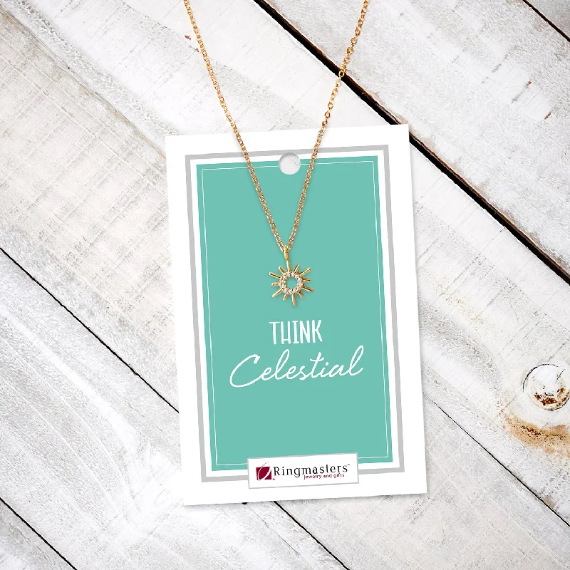 Rounded gem necklaces-Think Celestial - Dainty Gold Finish Sun Charm Necklace